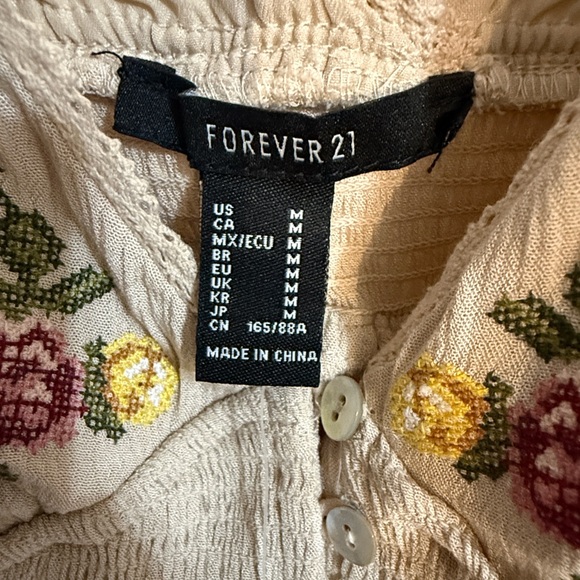 Forever 21 Button Down Slit Front Cream Midi Dress with Floral Embroidery Size M - Picture 3 of 8